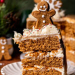 One slice of gingerbread cake on a plate standing up.