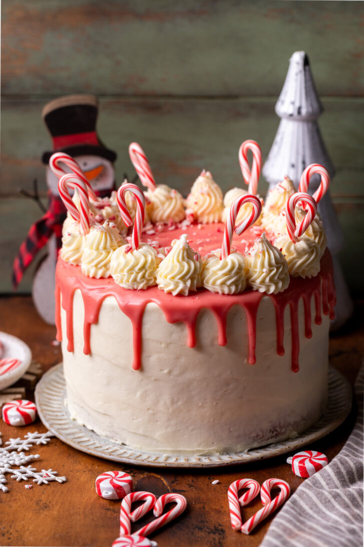 Decorated cake on a platter.