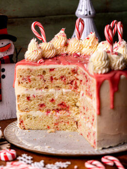 White chocolate peppermint cake opened up on a platter.