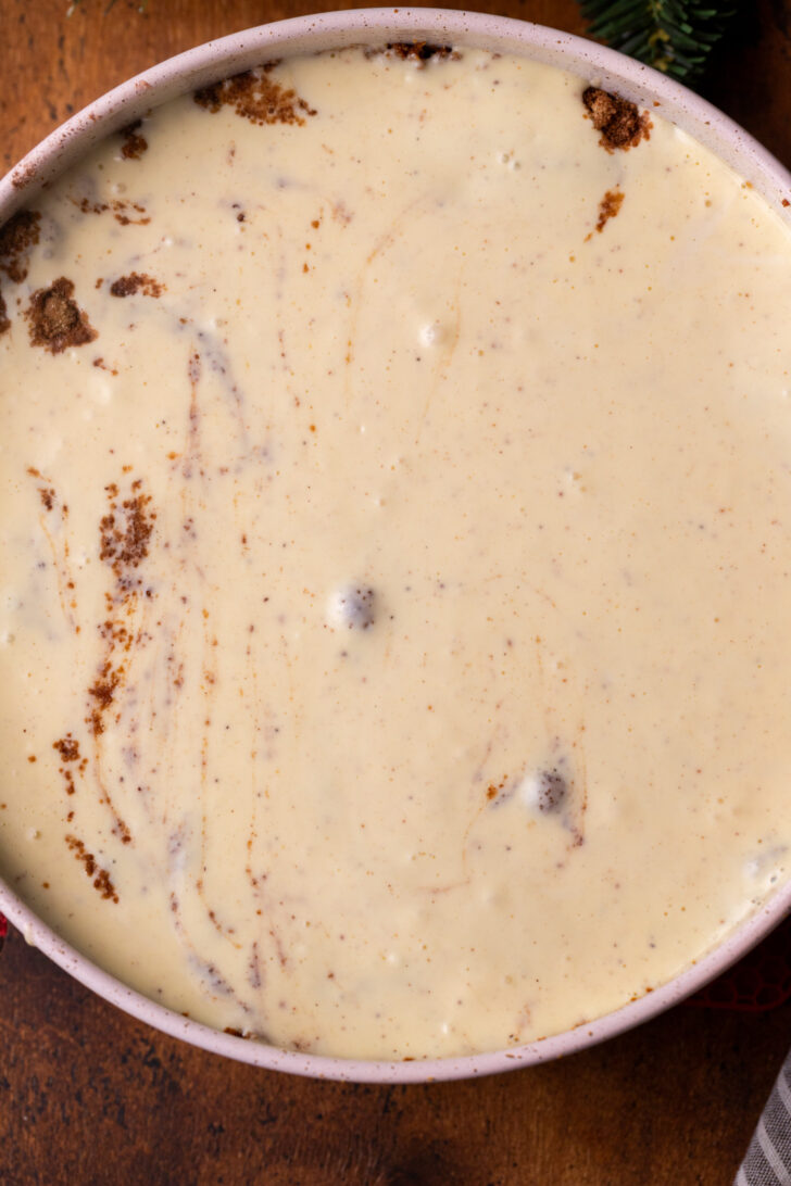 Cheesecake batter in a pan.