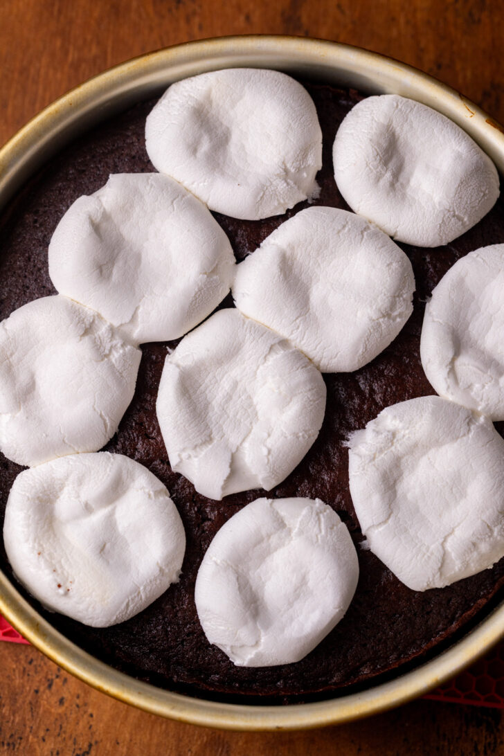Squished marshmallows on top of cake.