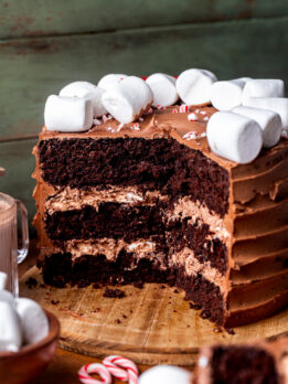 Split open hot cocoa cake on a wood board.