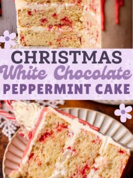 Pinterest pin for white chocolate peppermint cake.