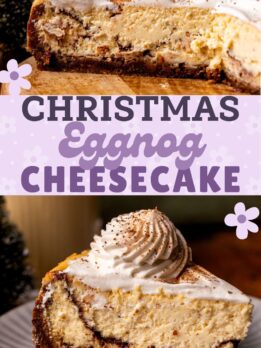 Pinterest pin for eggnog cheesecake.