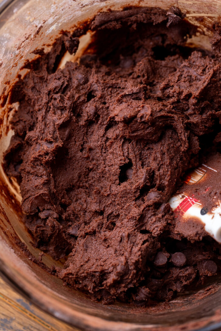 Chocolate cookie dough in a bowl.