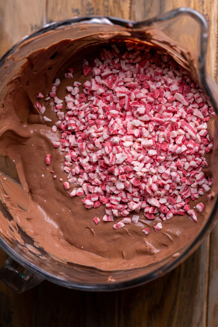 Peppermint chips on top of batter.