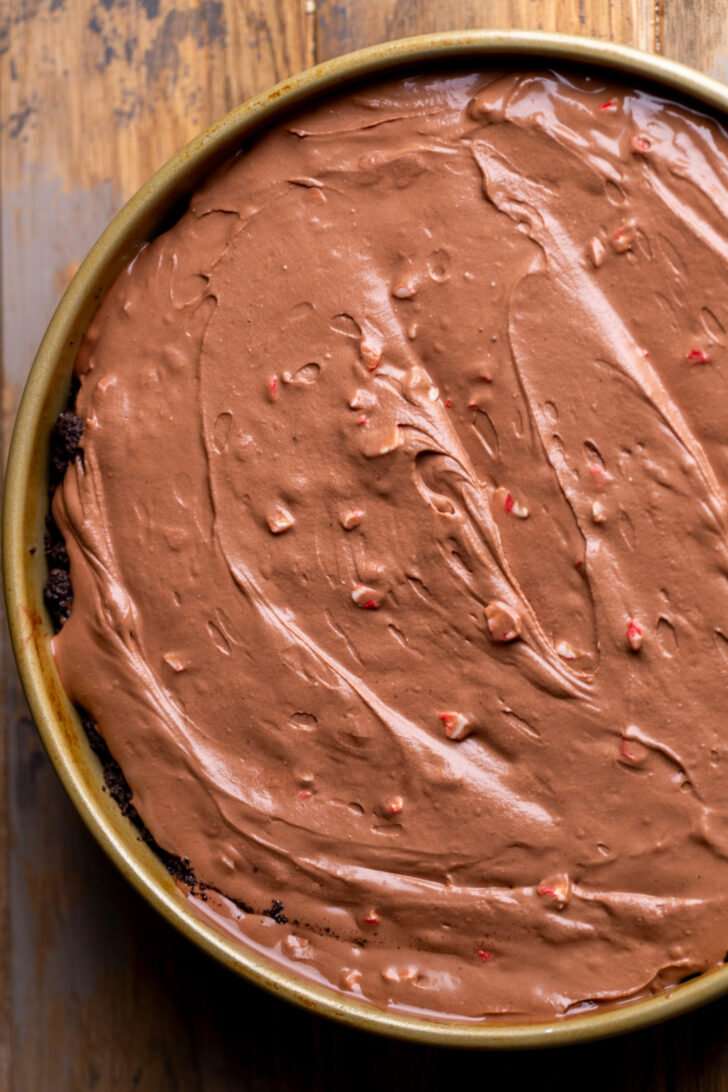 Cheesecake batter in a springform pan.