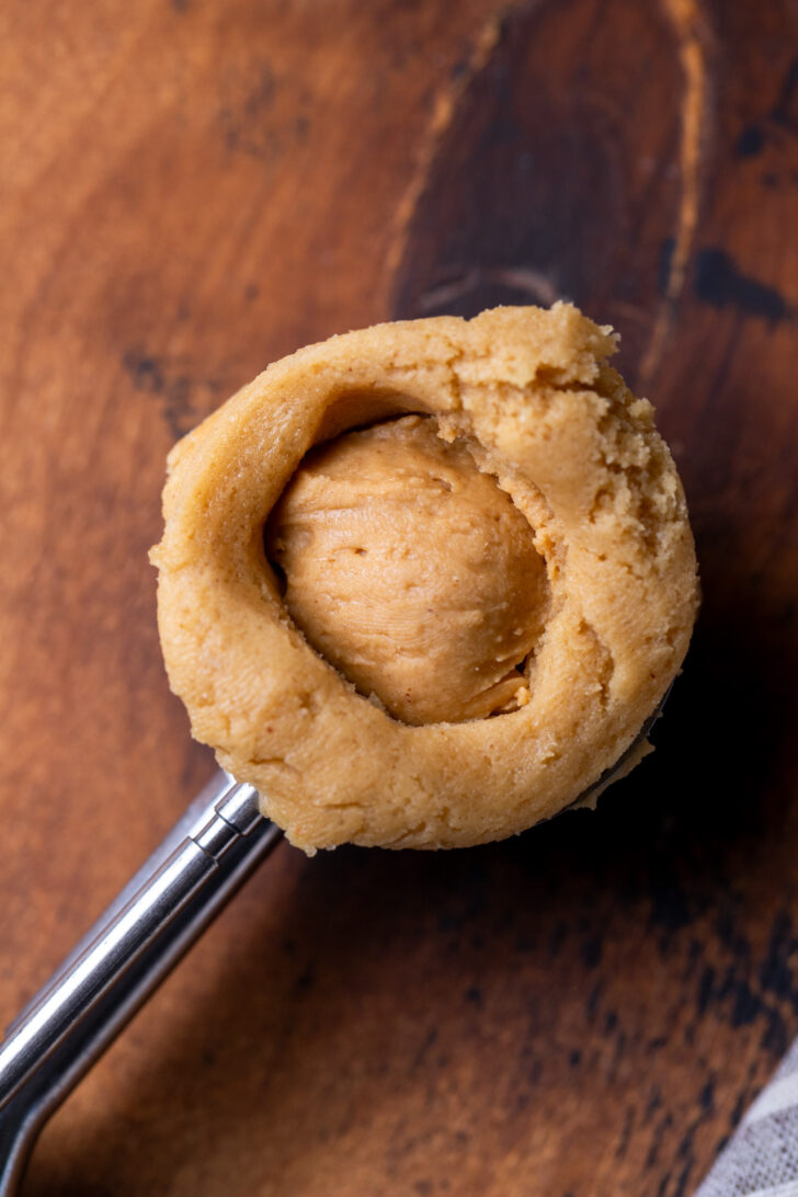 Peanut butter filling inside cookie dough.