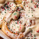 Top view close up of sugar cookie cinnamon rolls.