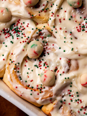 Top view close up of sugar cookie cinnamon rolls.
