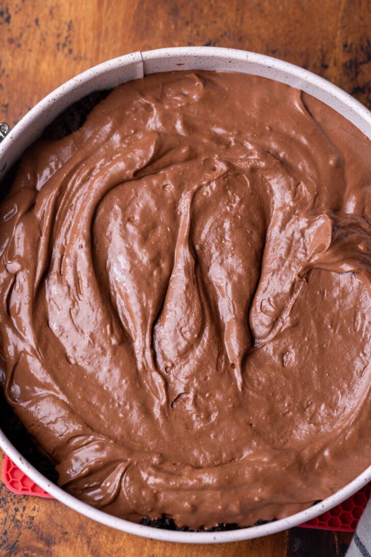 Cheesecake batter in the pan.