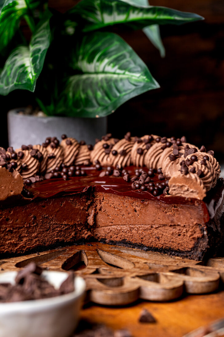 Side view of triple chocolate cheesecake.