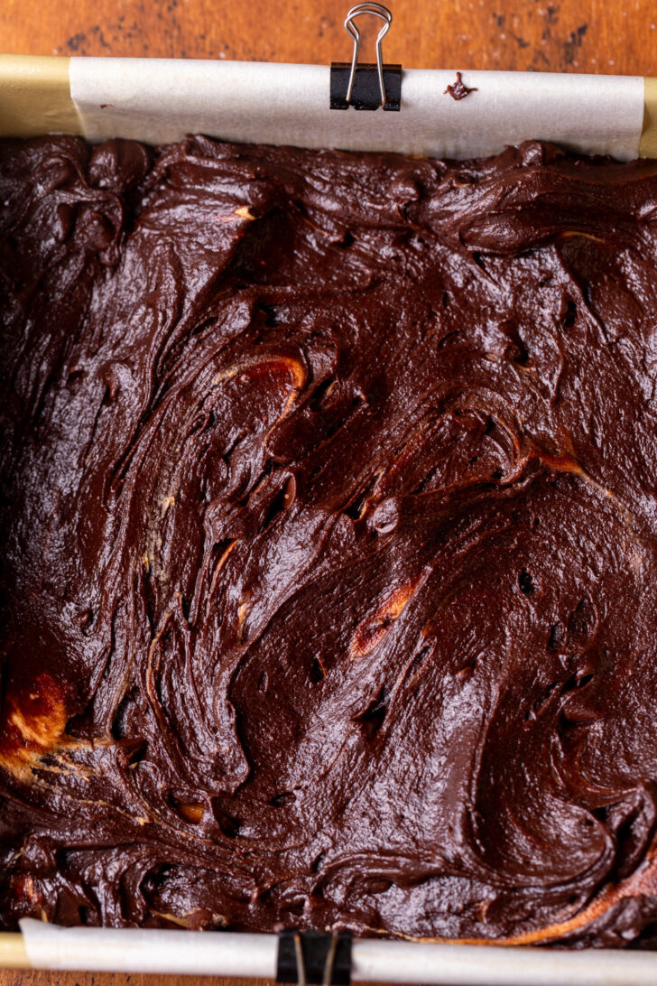 Brownie batter in the pan.
