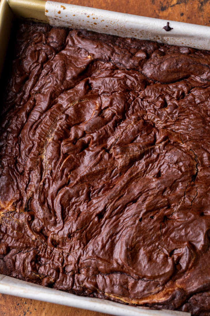 Baked brownies in the pan.