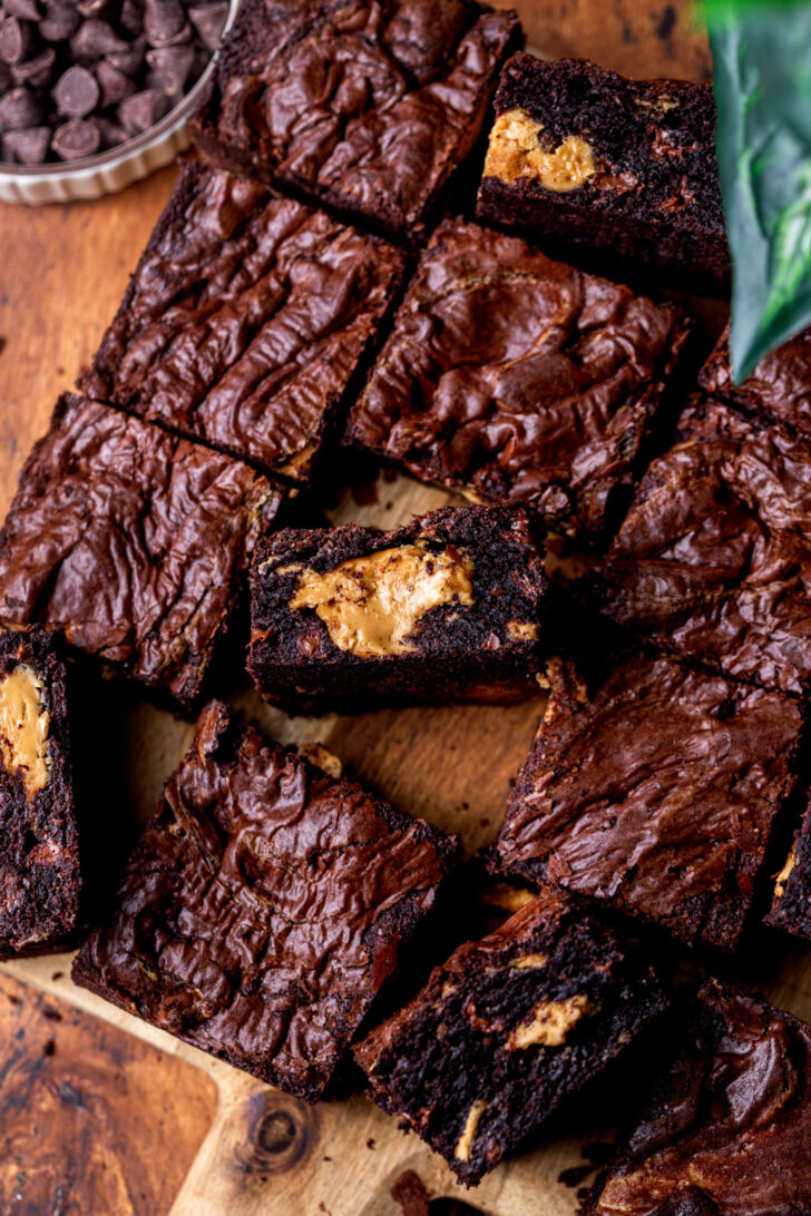 Top view of brownies with some on their side.