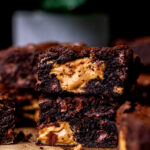 Stack of two peanut butter brownies.