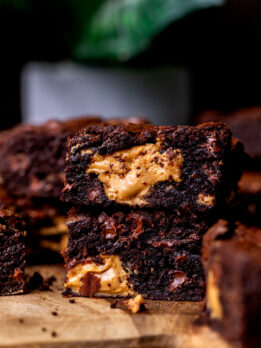 Stack of two peanut butter brownies.
