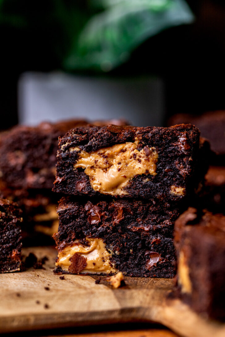 Stack of two peanut butter brownies.