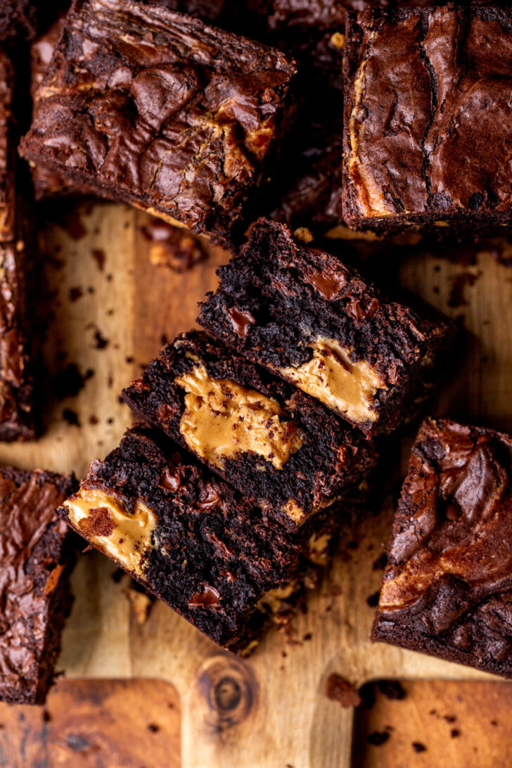 Three peanut butter brownies on their side.