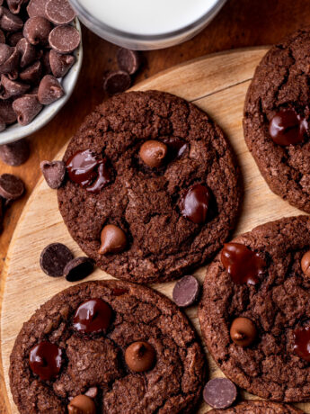 Close up of one triple chocolate cookie.