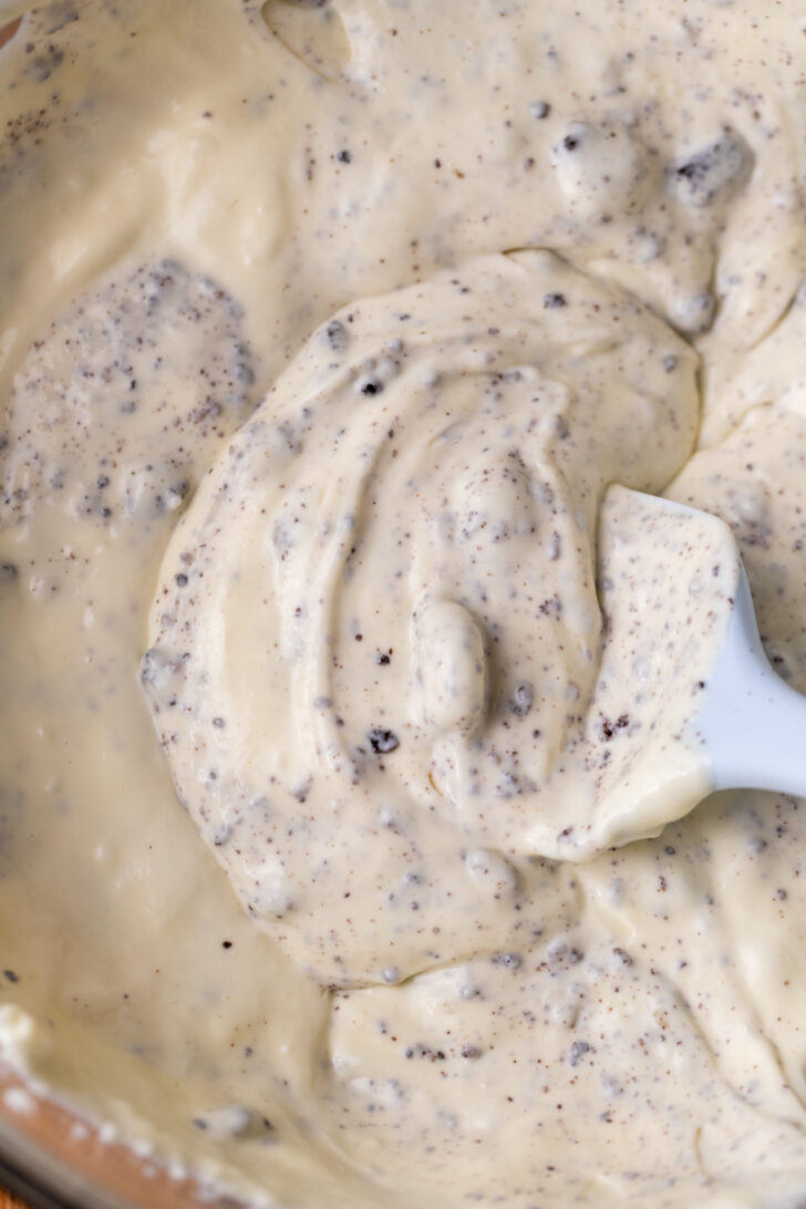 Oreo cheesecake batter in a bowl.