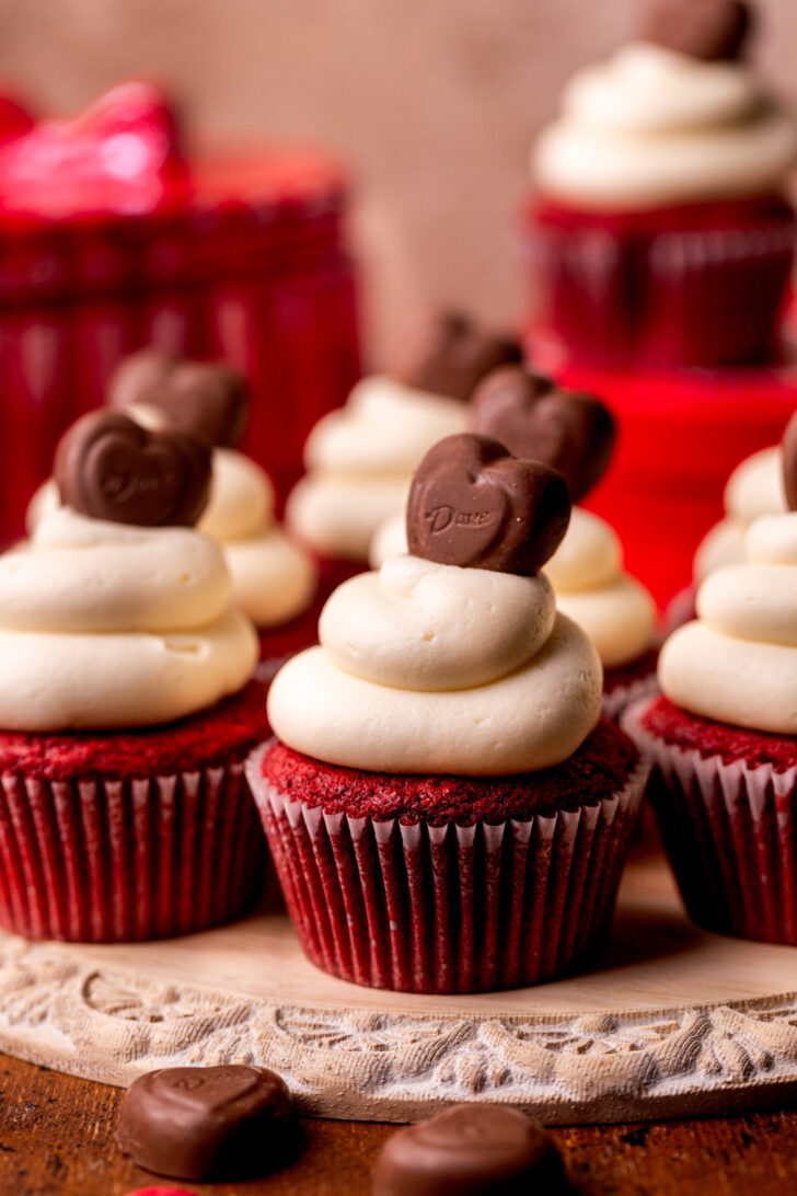 Red velvet cupcakes on a platter.
