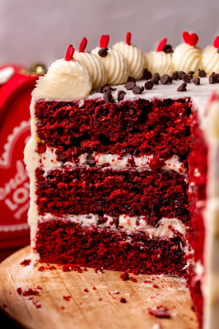 Close up of the red velvet chocolate chip cake opened.