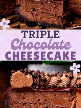 Pinterest pin for triple chocolate cheesecake.