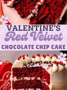 Pinterest pin for red velvet chocolate chip cake.