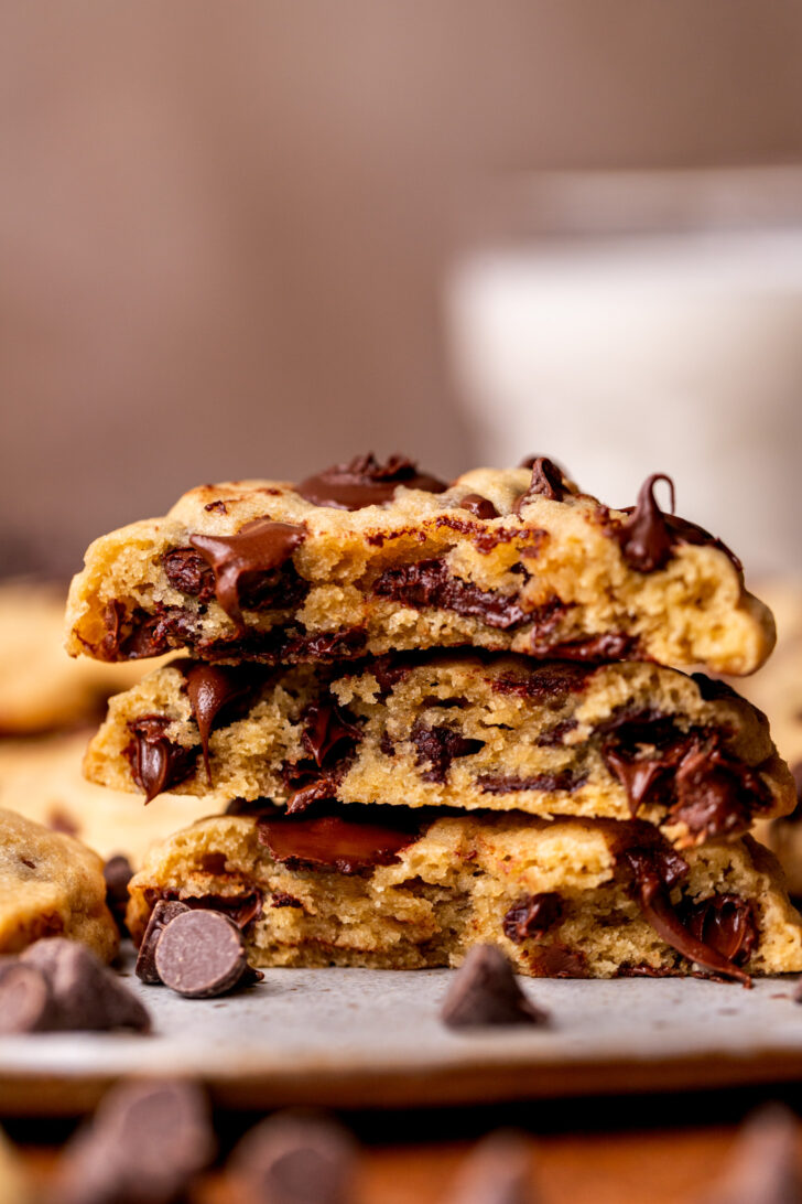 Stack of three cookies split in half on a platter.
