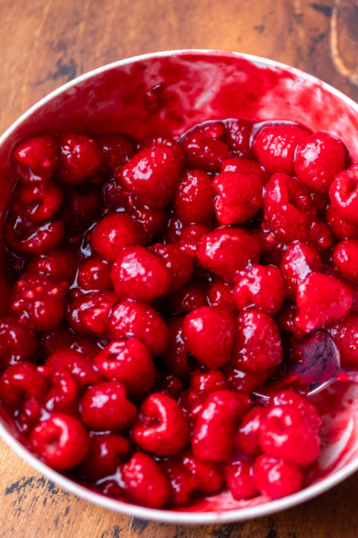 Raspberry topping in a bowl.