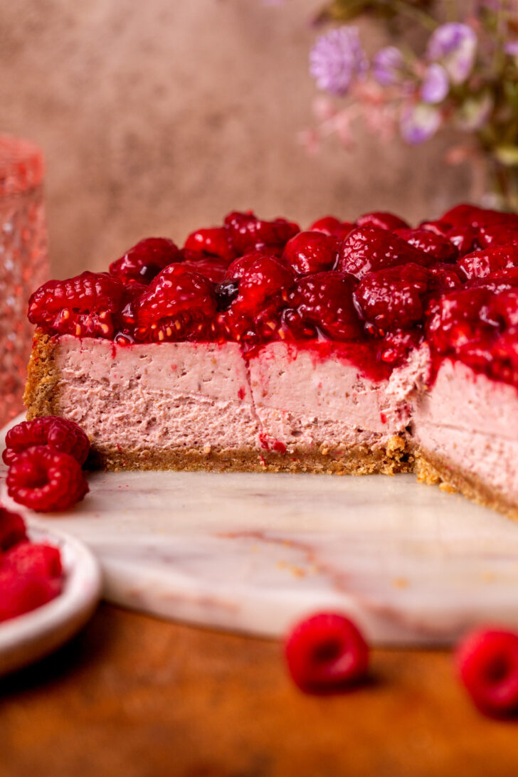 Side view of raspberry cheesecake.