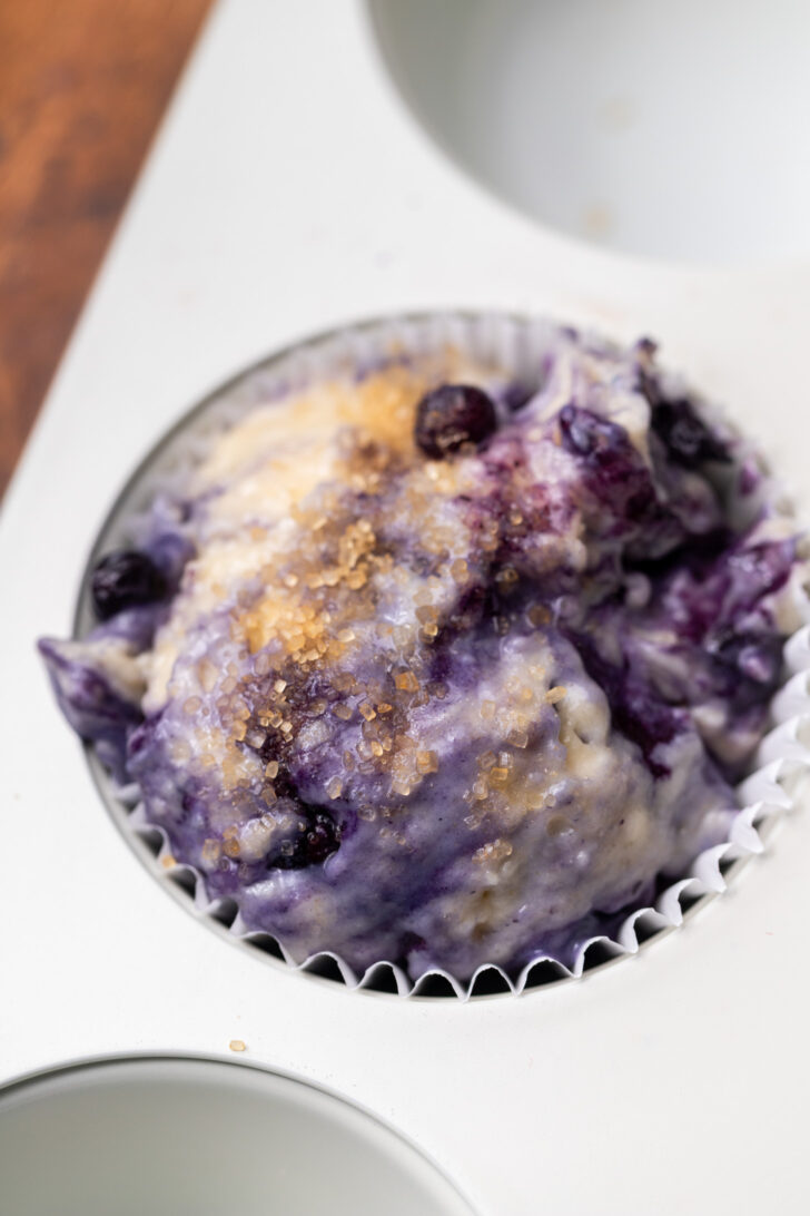 Muffin batter in the pan.