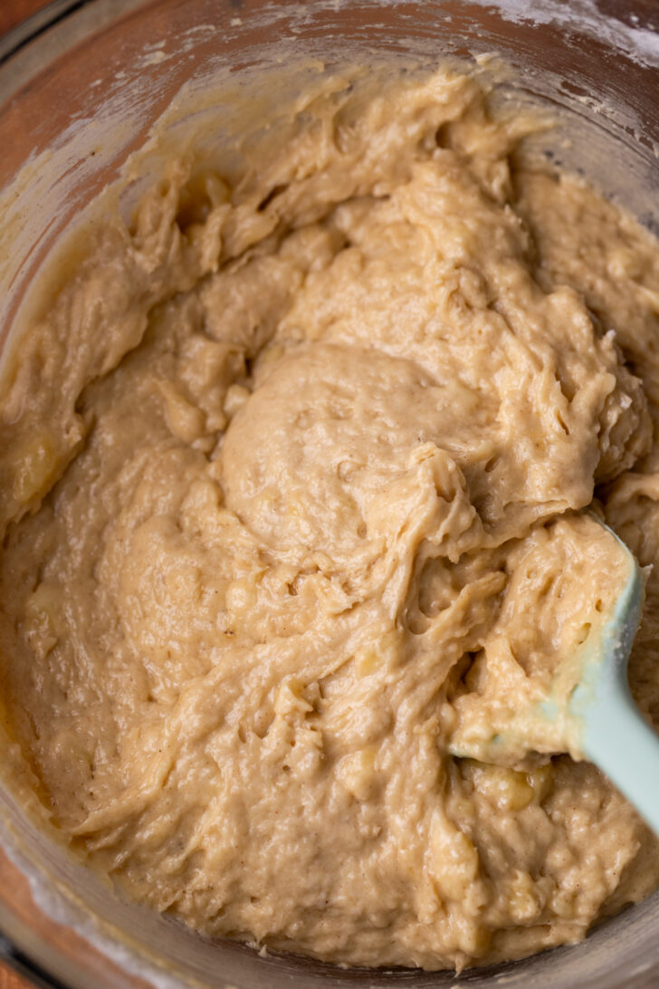 Banana cake batter in a bowl.