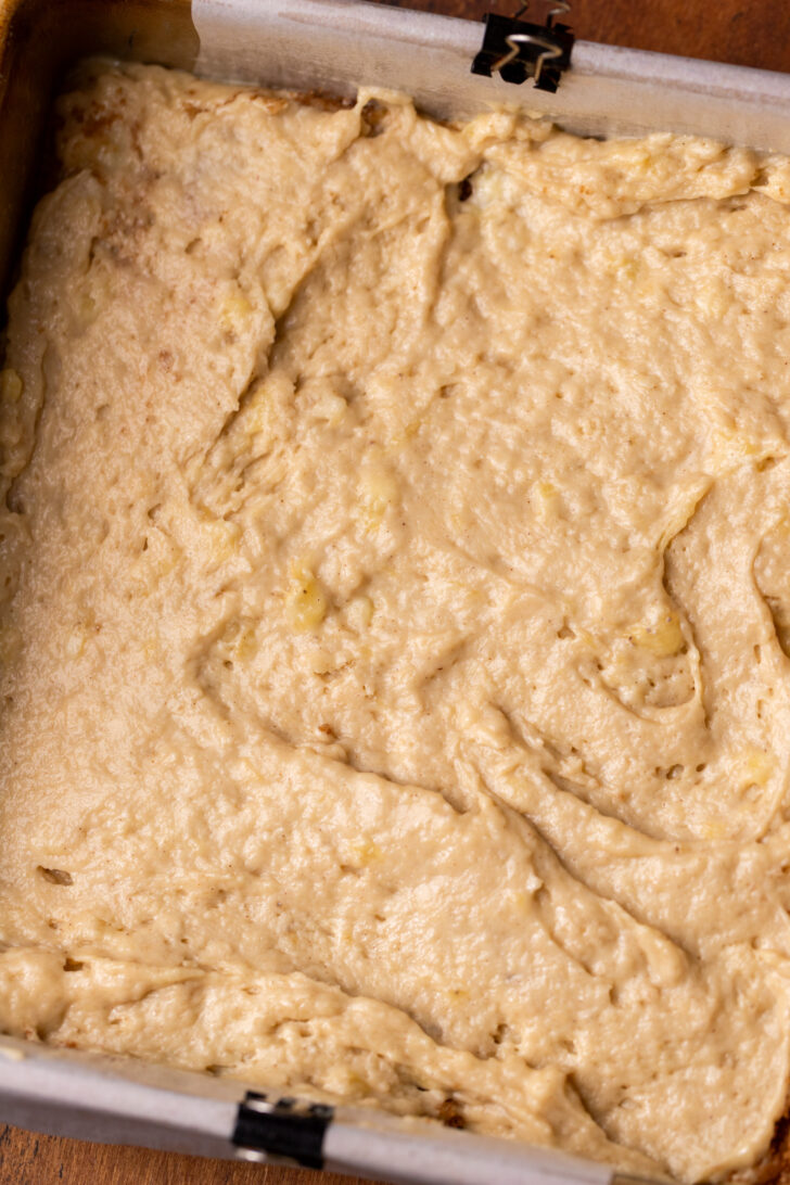 Banana cake batter in the pan.
