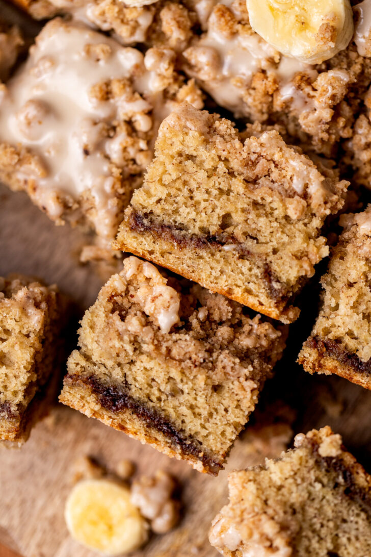 Top view of banana bread coffee cake on it's side.