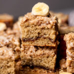Stack of two pieces of banana bread coffee cake.