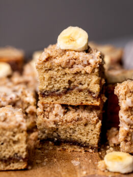 Stack of two pieces of banana bread coffee cake.