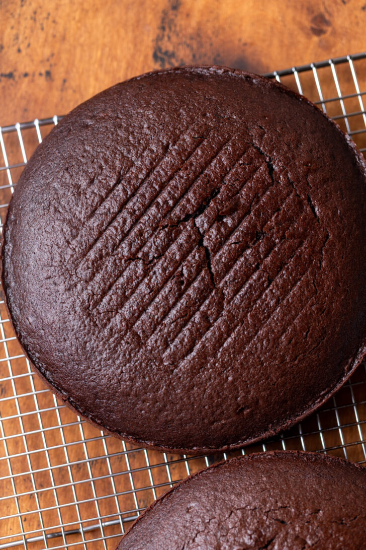 Chocolate cake layers on a wire rack.