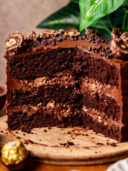 Side view of ferrero rocher cake.
