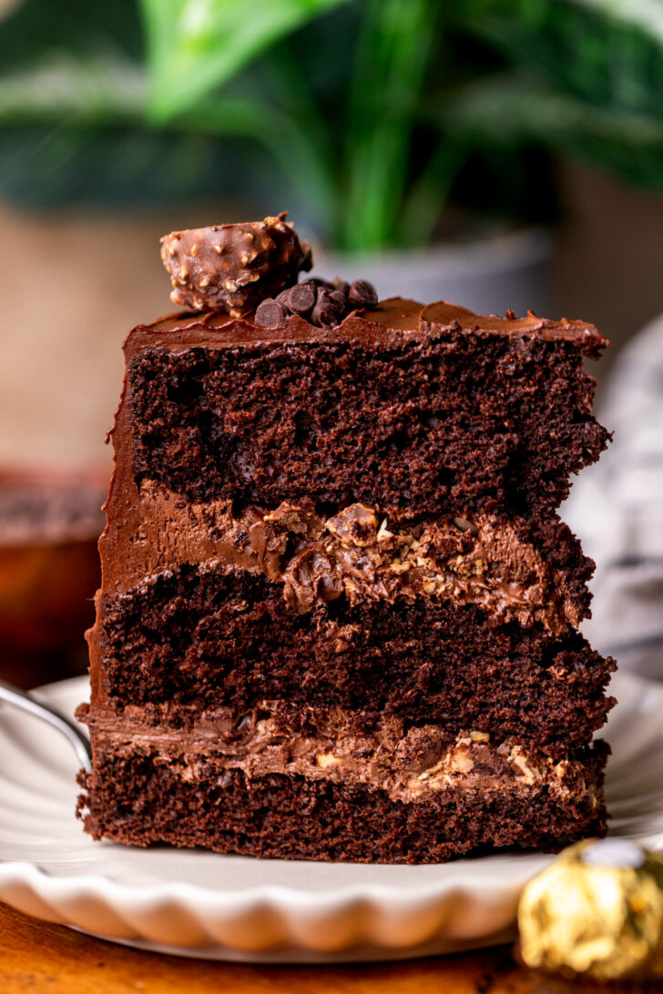 Slice of cake standing up on a plate.