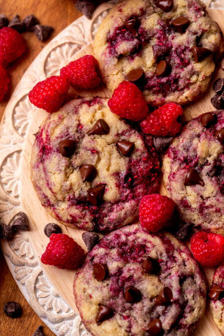 Chocolate chip raspberry cookies on a platter.