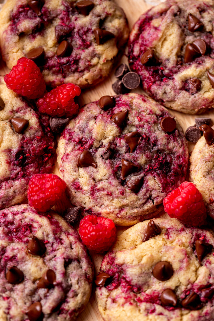 Close up of chocolate chip raspberry cookies on a platter.