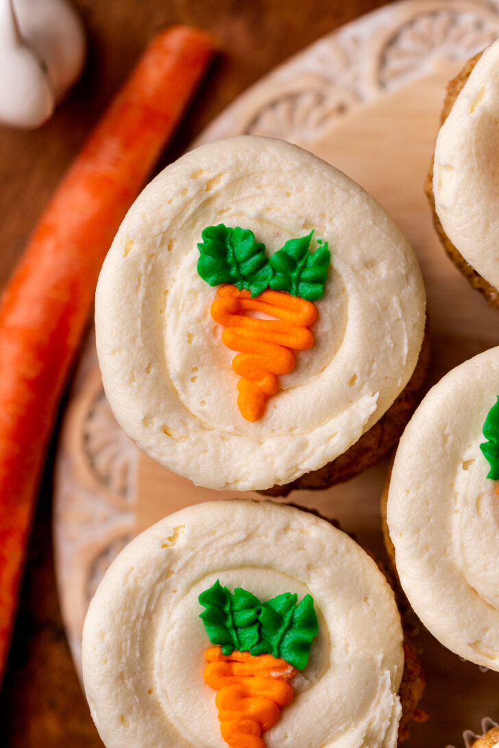 Top view of close up of carrot cake cupcakes.