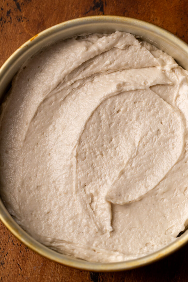 Cake batter in a pan.