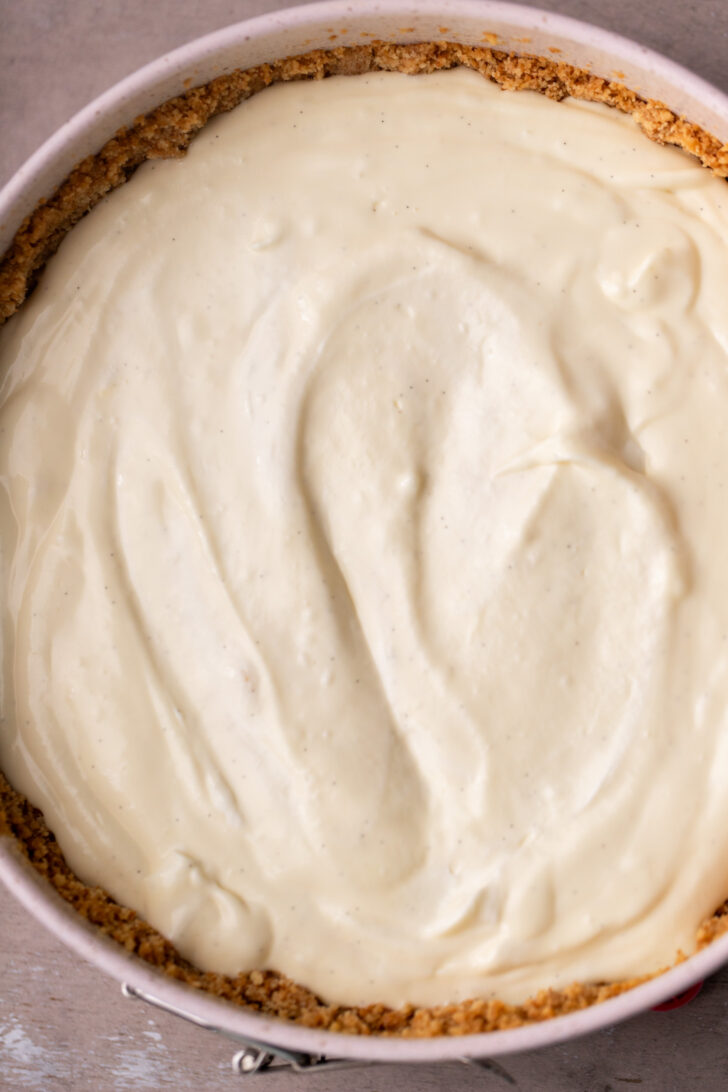 Cheesecake batter in the pan.