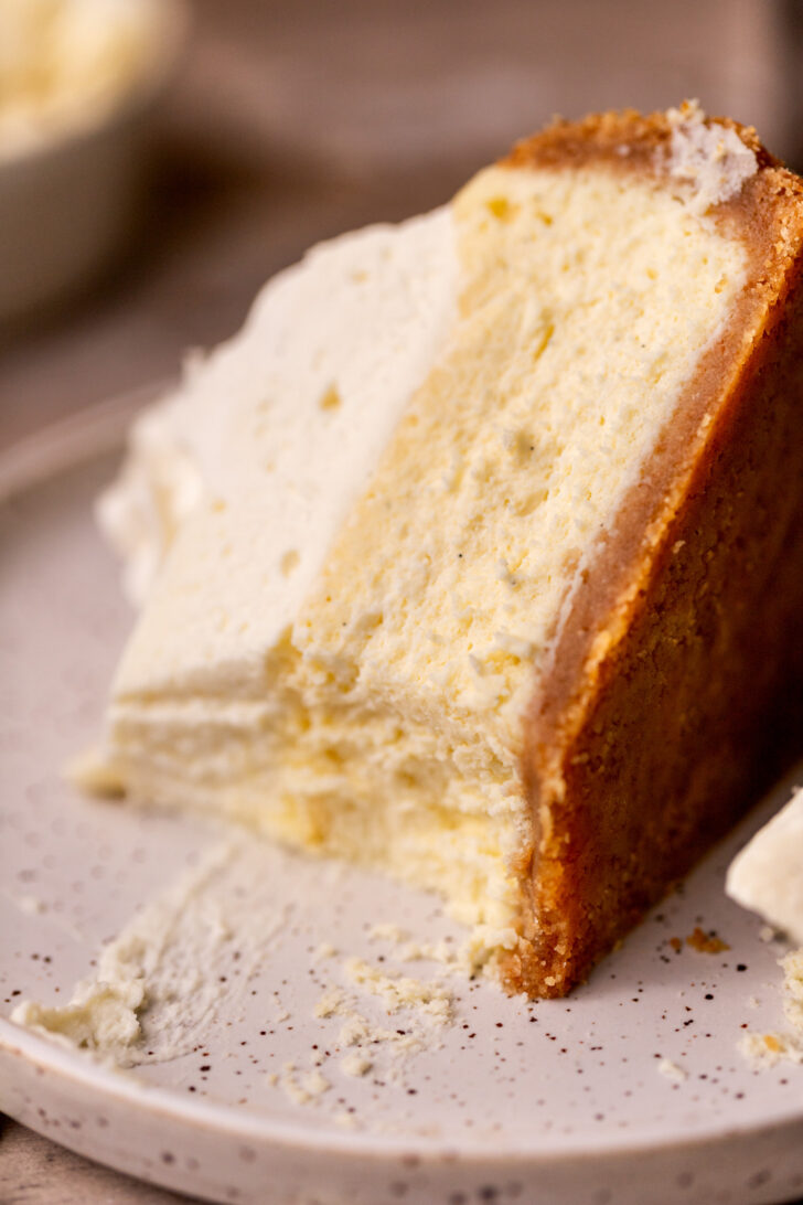 A slice of cheesecake on it's side.