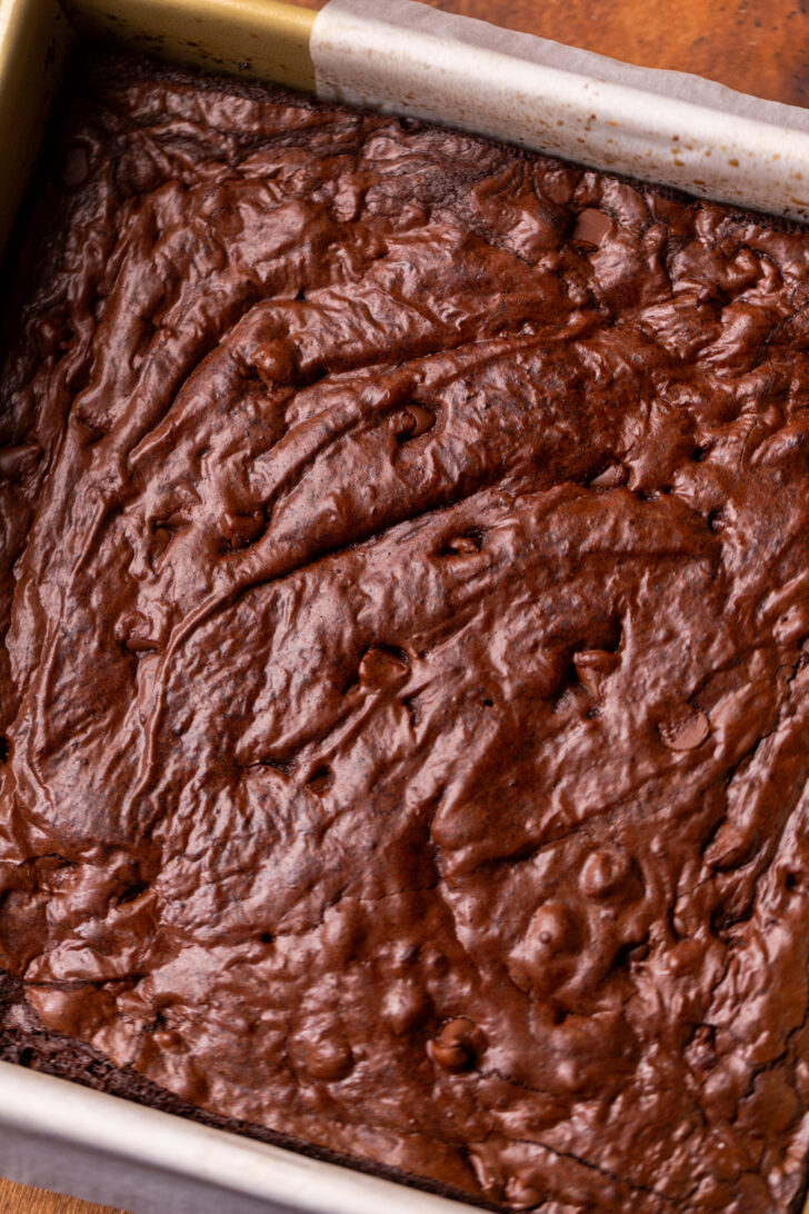 Baked brownies in a pan.