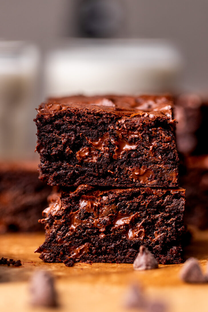 Stack of two brown butter brownies.