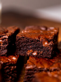 Stack of brown butter brownies.